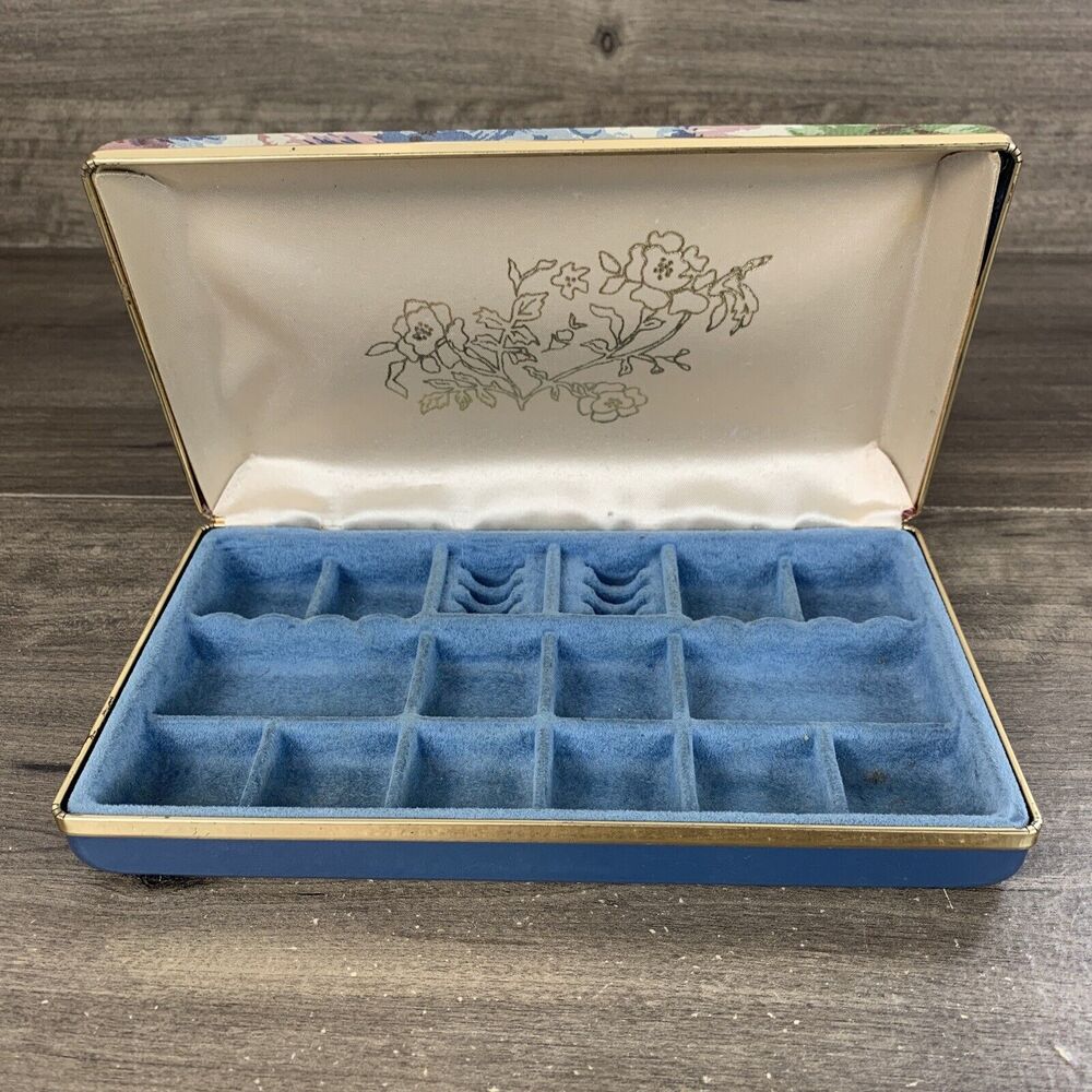 Vintage Hard Shell Travel Jewelry Case Clamshell Floral Blue Velvet Satin Lined
